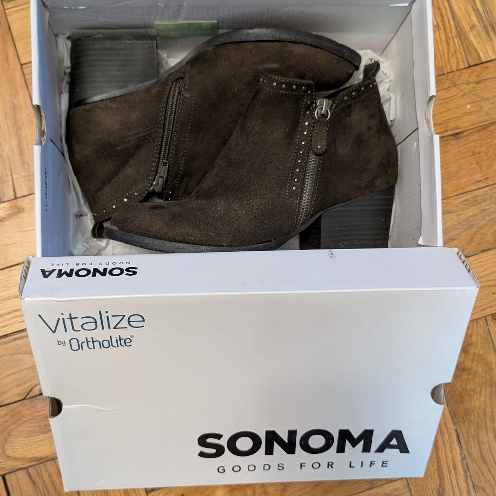 Faux Suede Ankle Boots, Olive, Size 7.5